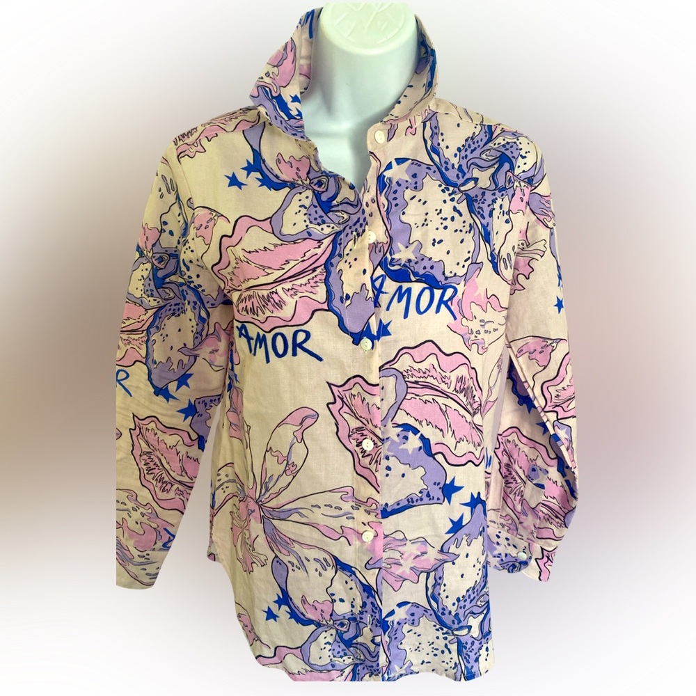 Las Surenas  Amor Linen  Button-Up Shirt- XS -blue pink cream, linen cotton
